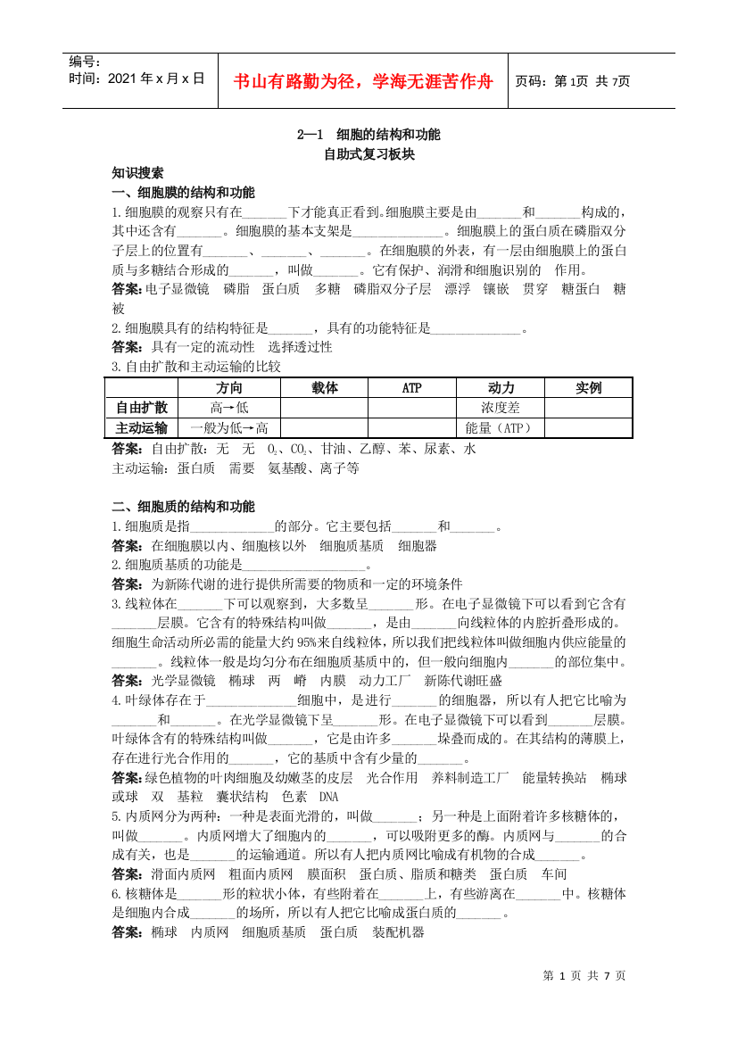 XXXX高中生物总复知识搜索与探究归纳：2—1