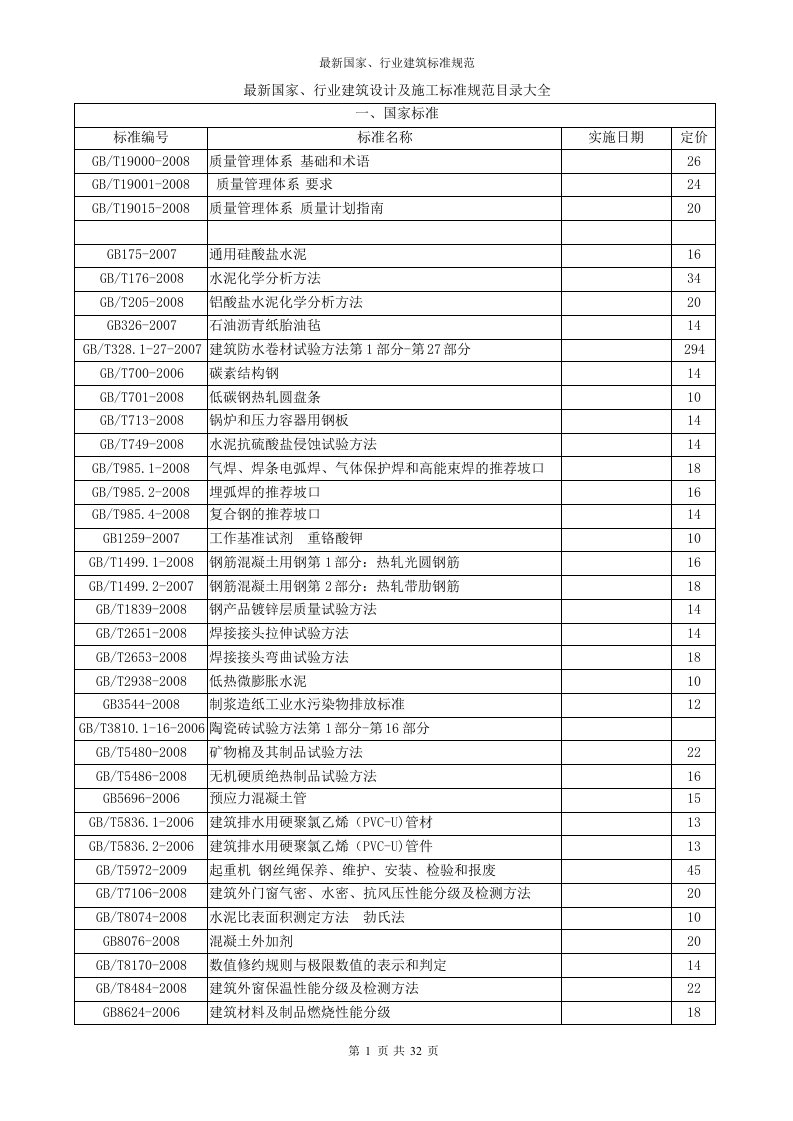 国家行业建筑设计及施工标准规范目录大全