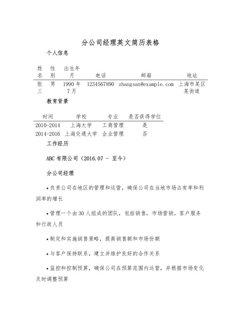 分公司经理英文简历表格