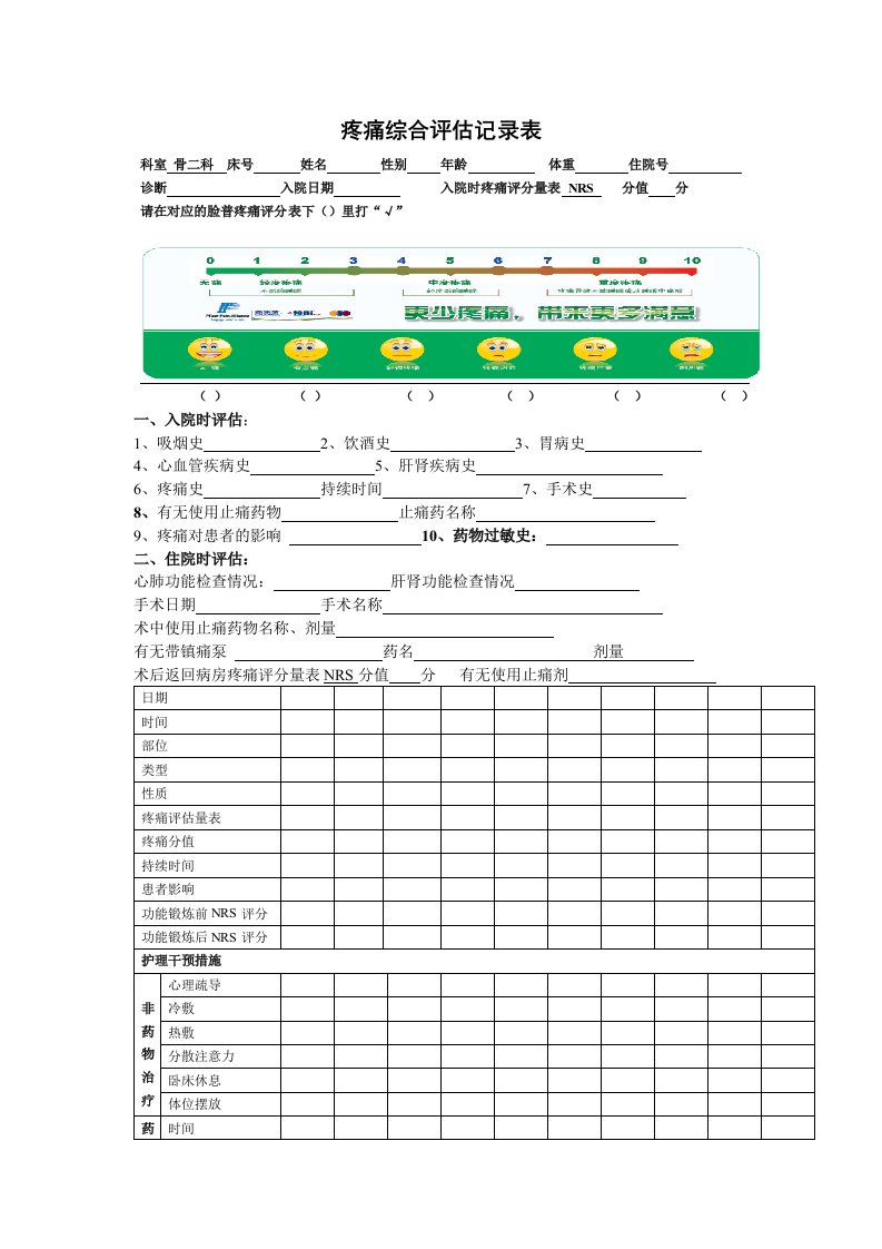 疼痛综合评估记录表