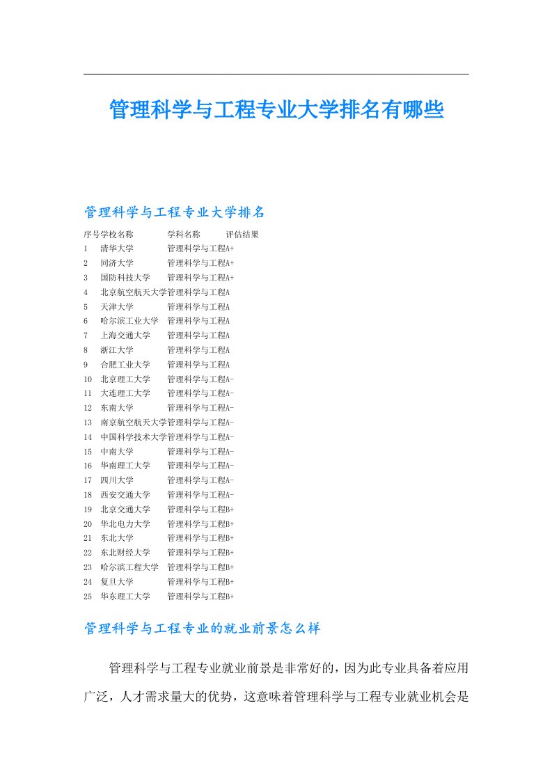 管理科学与工程专业大学排名有哪些