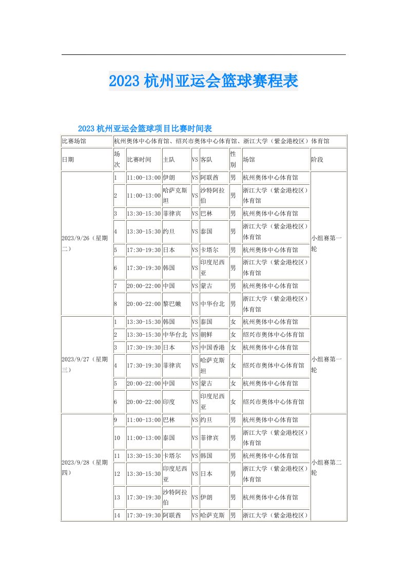 杭州亚运会篮球赛程表