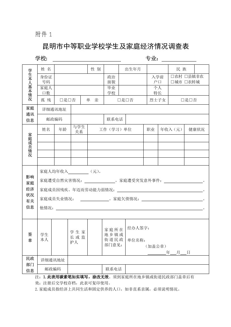 昆明市中等职业学校学生及家庭经济情况调查表