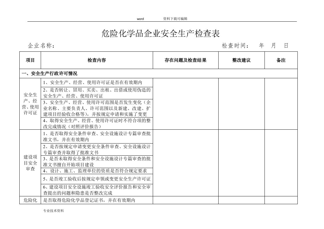 危险化学品企业安全检查表《完整版》