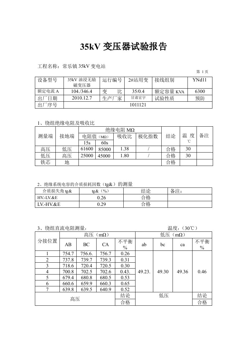 35KV变压器试验报告