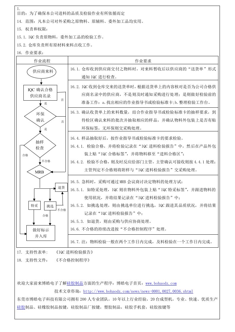 硅胶制品进料检验作业指导书