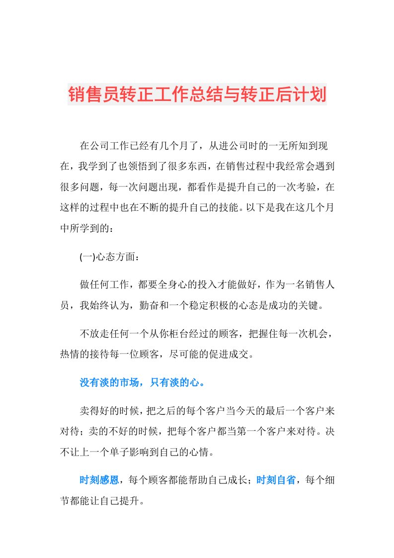 销售员转正工作总结与转正后计划