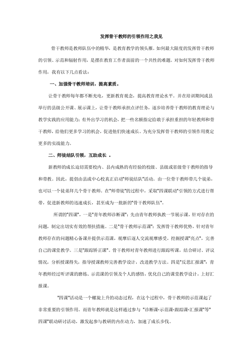 发挥骨干教师的引领作用之我见