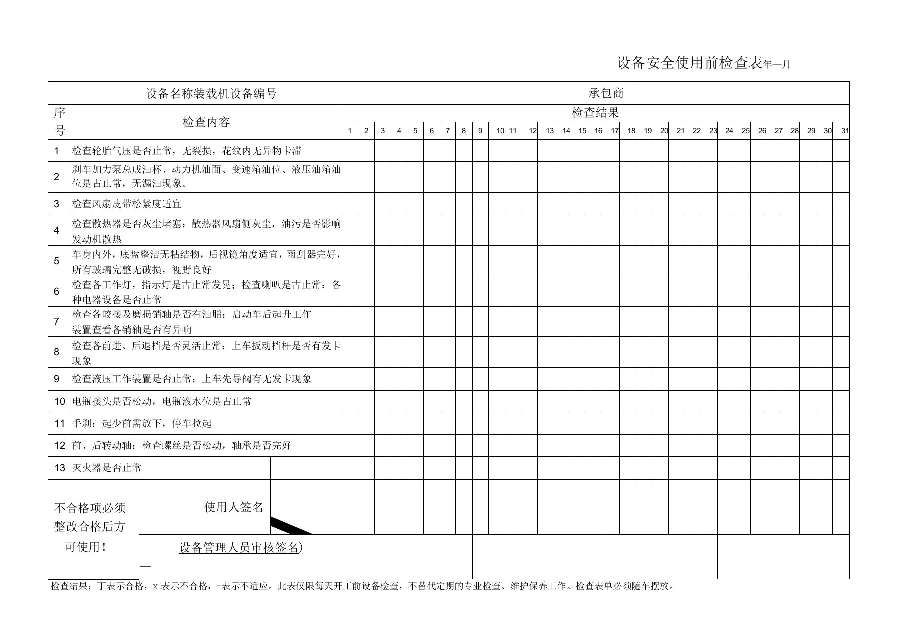 装载机使用前安全检查记录表