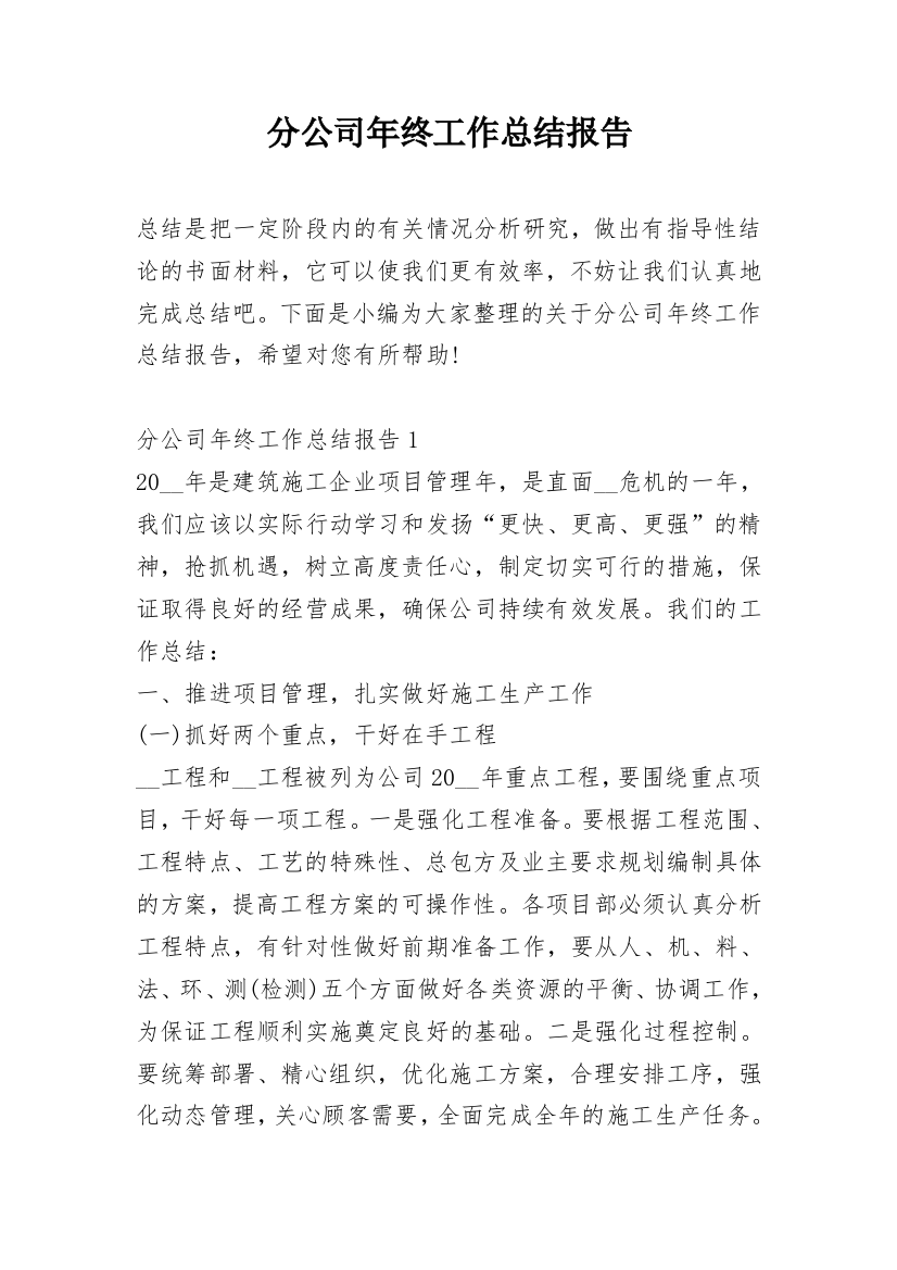 分公司年终工作总结报告