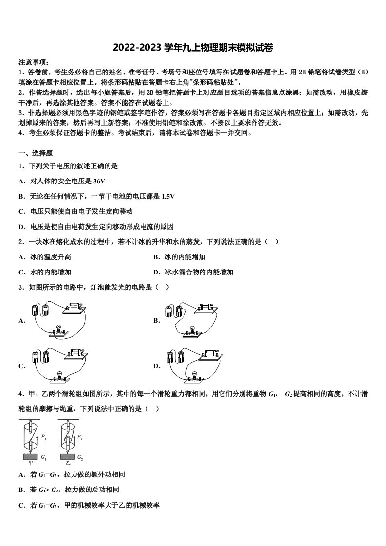 2023届广东省惠州市惠城区第一中学九年级物理第一学期期末经典模拟试题含解析