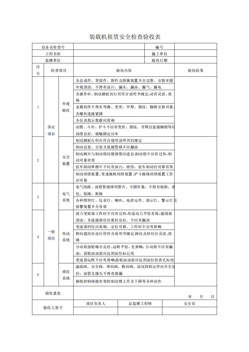 租赁设备检查验收表