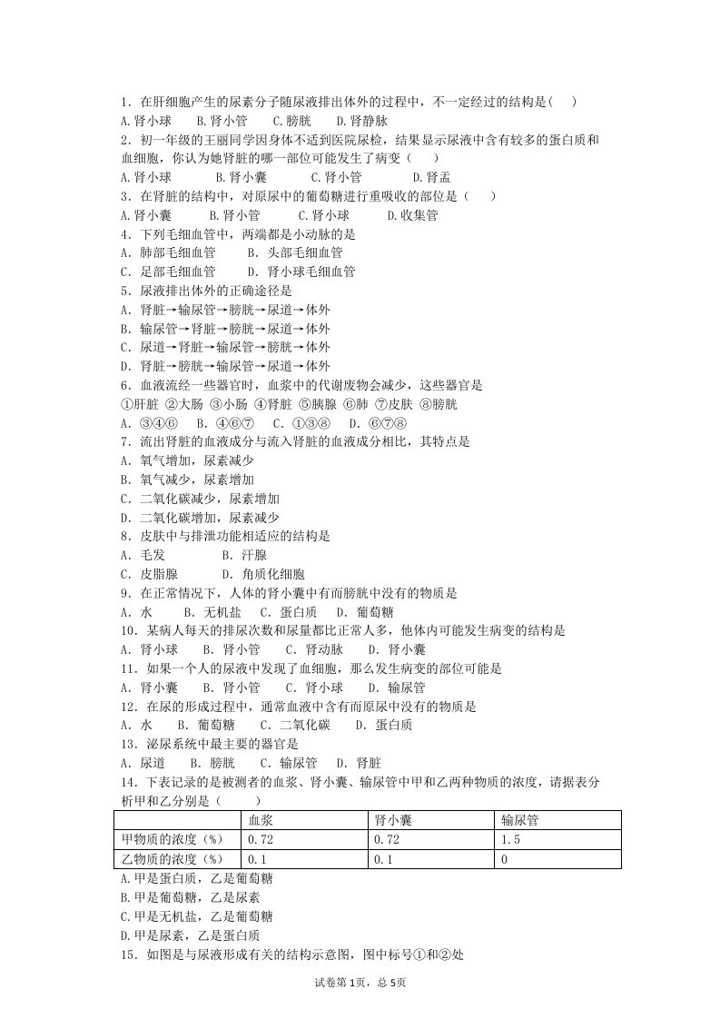 七年级生物下册泌尿系统练习