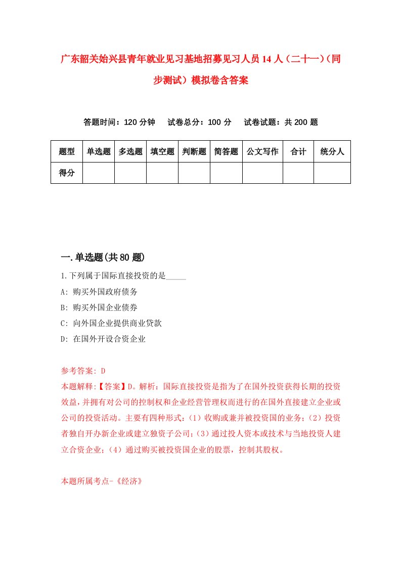 广东韶关始兴县青年就业见习基地招募见习人员14人二十一同步测试模拟卷含答案1