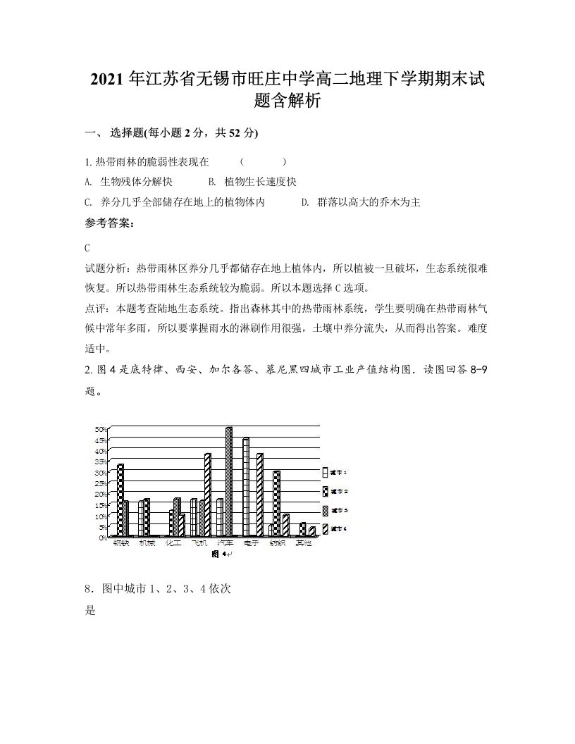 2021年江苏省无锡市旺庄中学高二地理下学期期末试题含解析