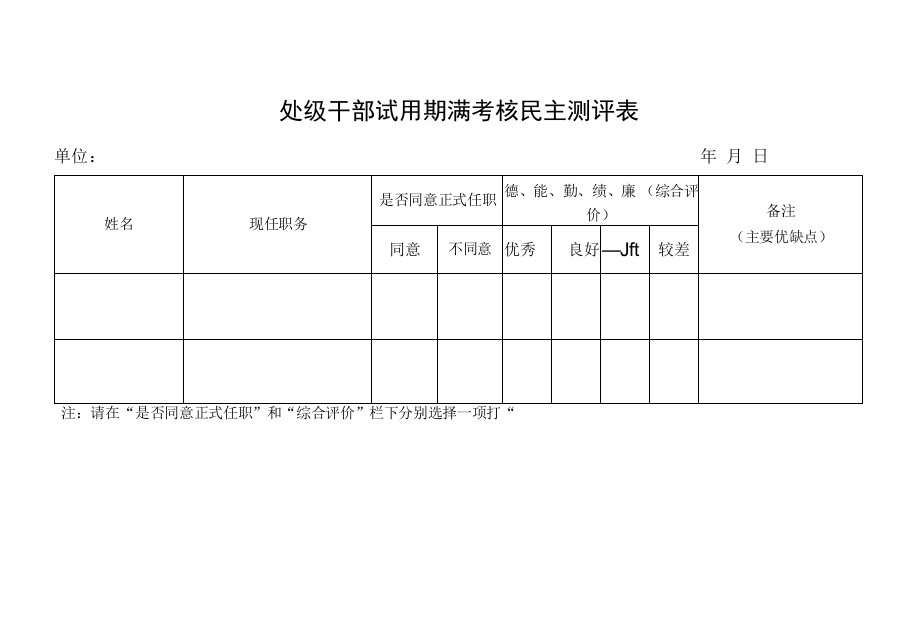 处级干部试用期满考核民主测评表