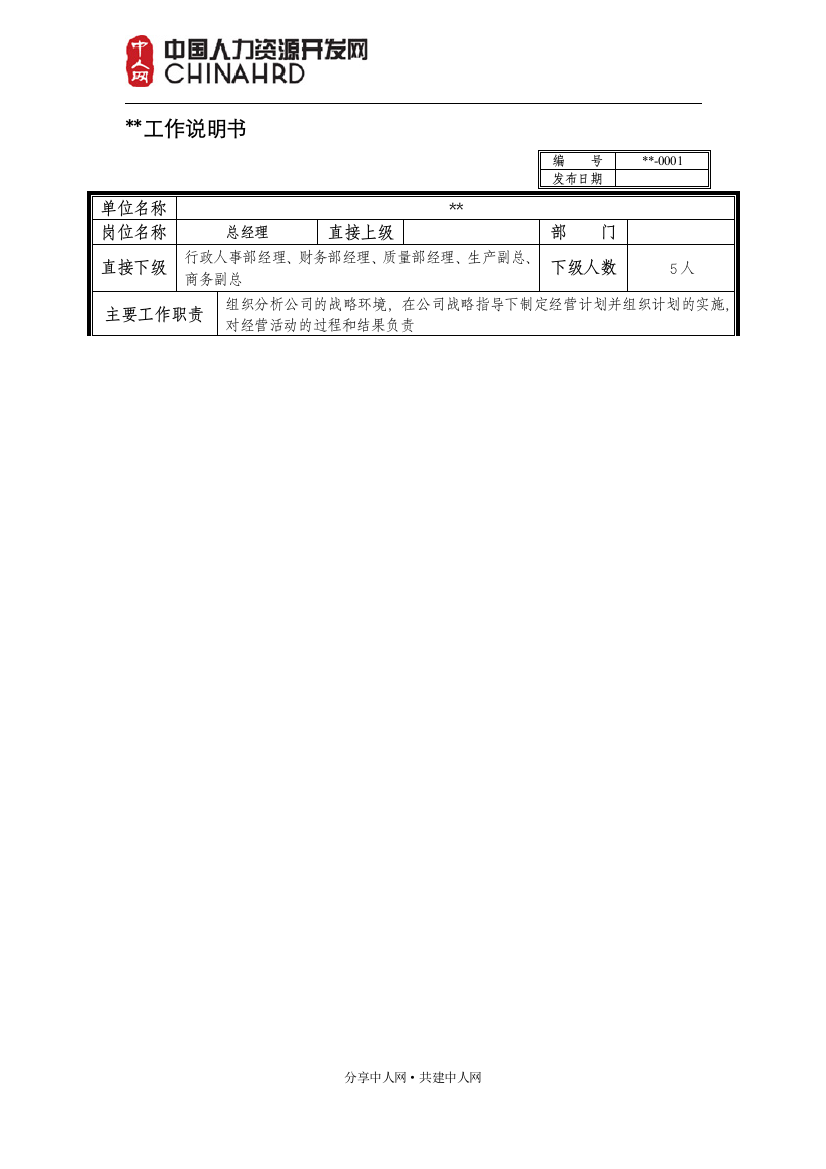 总经理工作说明书(岗位职责)