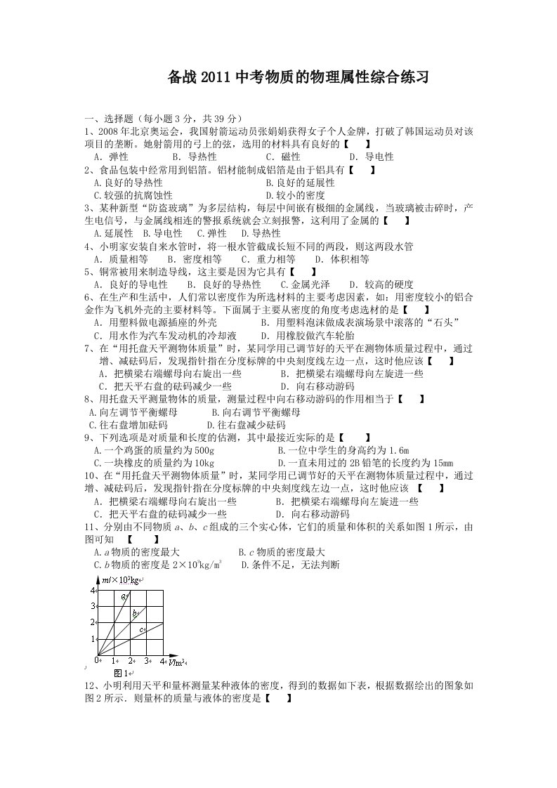 备战2011中考物质的物理属性综合练习