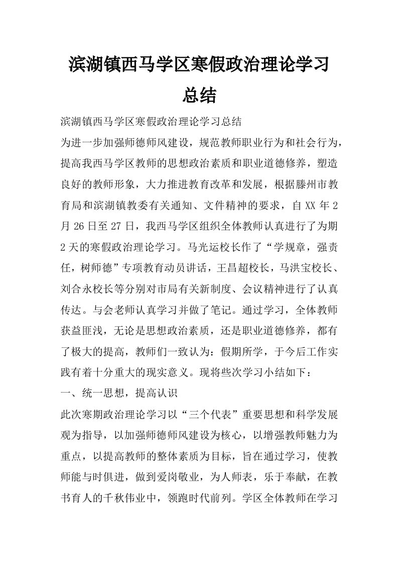 滨湖镇西马学区寒假政治理论学习总结