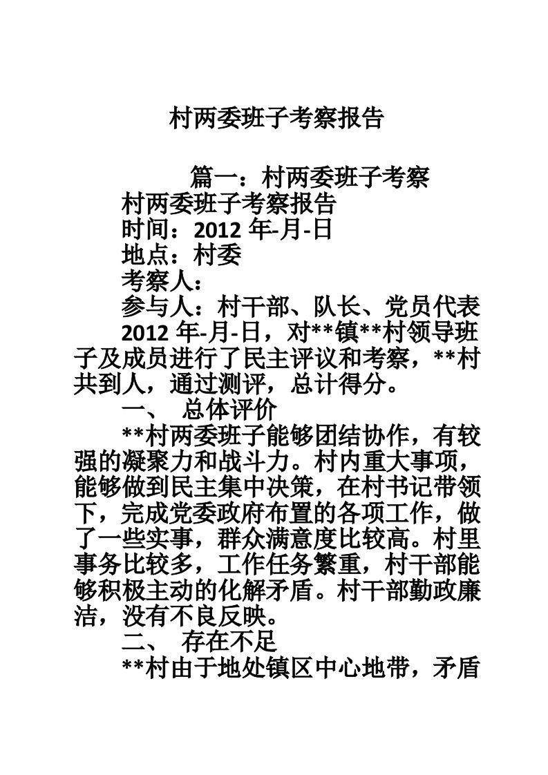 村两委班子考察报告