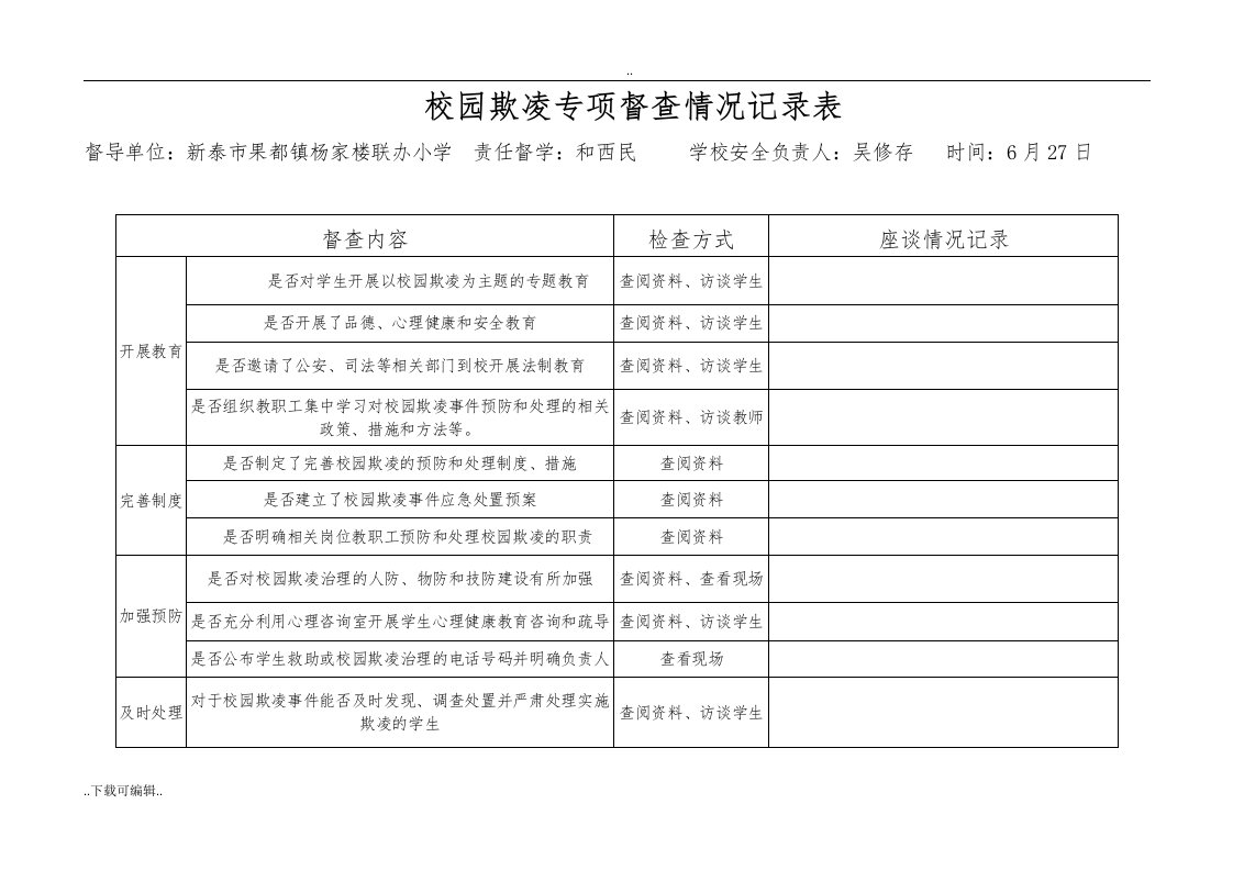 校园欺凌专项督查情况记录表