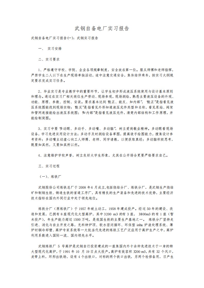 武钢自备电厂实习报告