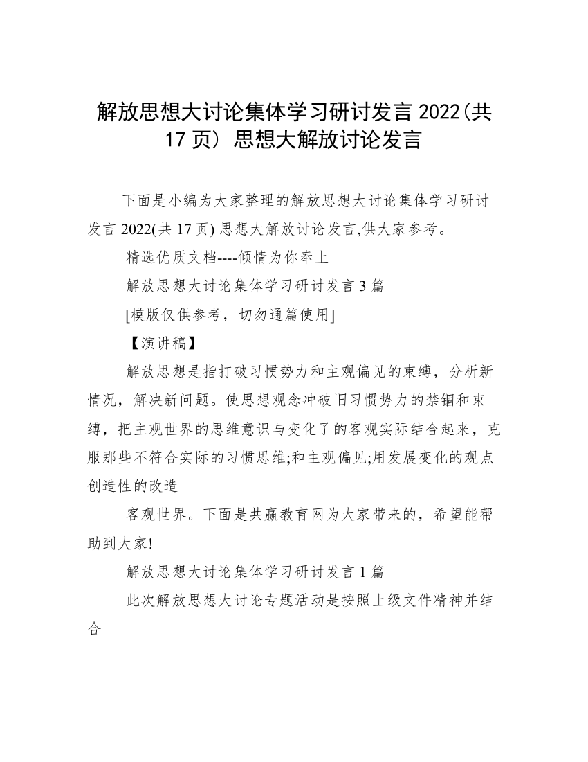 解放思想大讨论集体学习研讨发言2022(共17页)