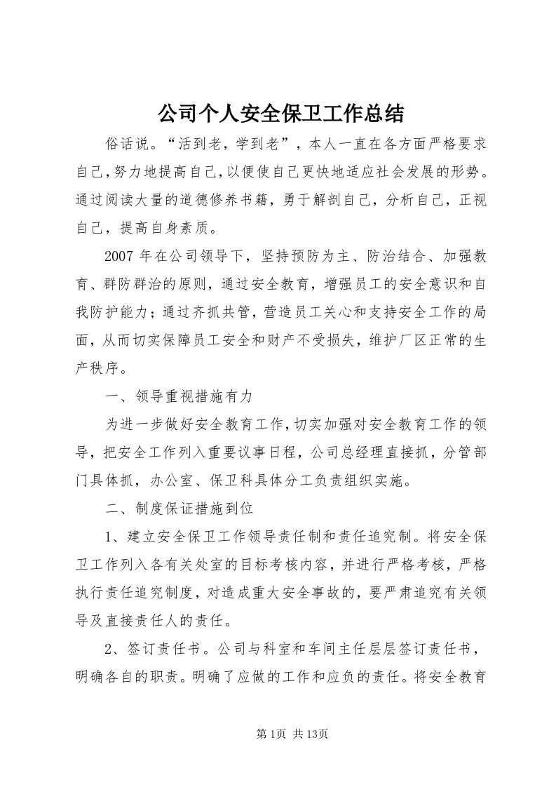 公司个人安全保卫工作总结