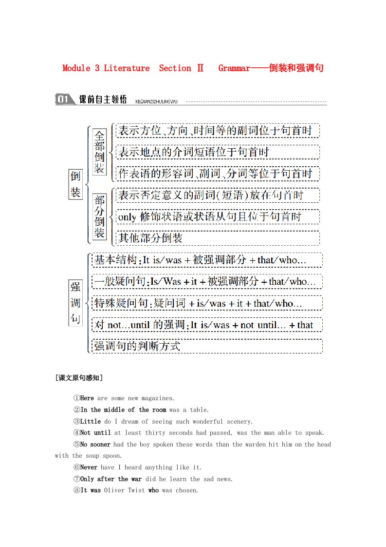 2020秋高中英语Module3LiteratureSectionⅡGrammar_倒装和强调句学案含解析外研版选修7