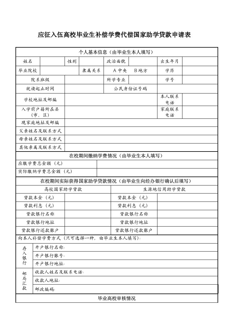 应征入伍高校毕业生补偿学费代偿国家助学贷款申请表