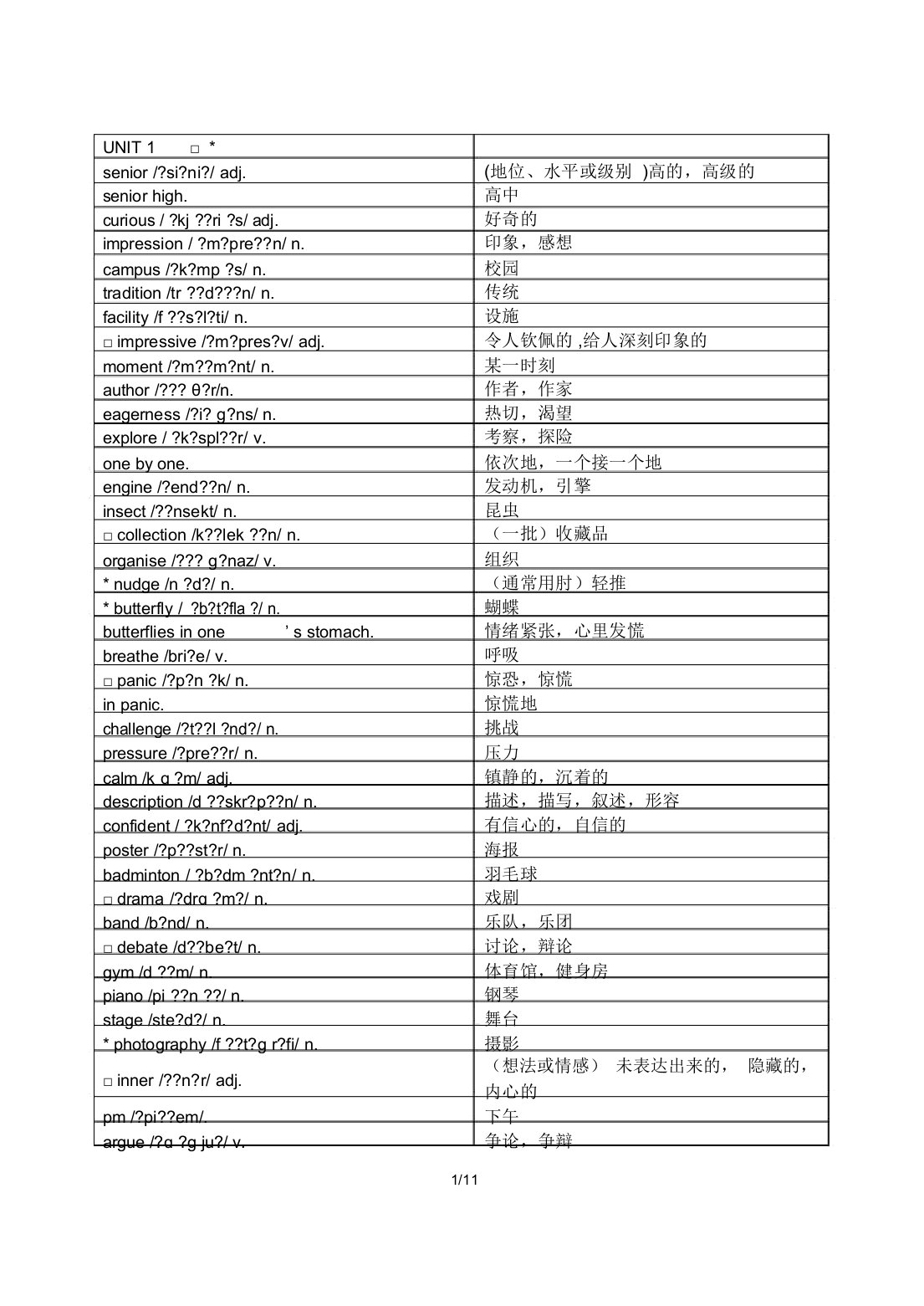 2019年秋外研版新教材单词表(必修一)