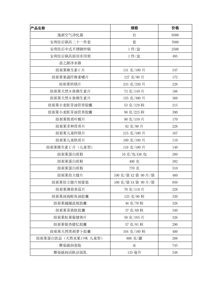 安利产品目录及价格