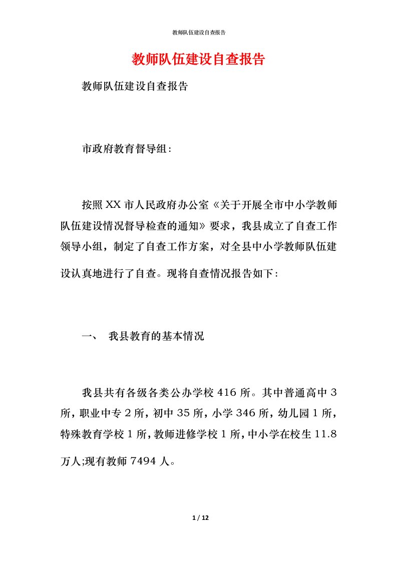 2021教师队伍建设自查报告