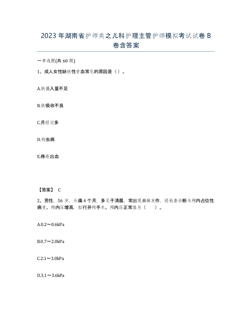 2023年湖南省护师类之儿科护理主管护师模拟考试试卷B卷含答案