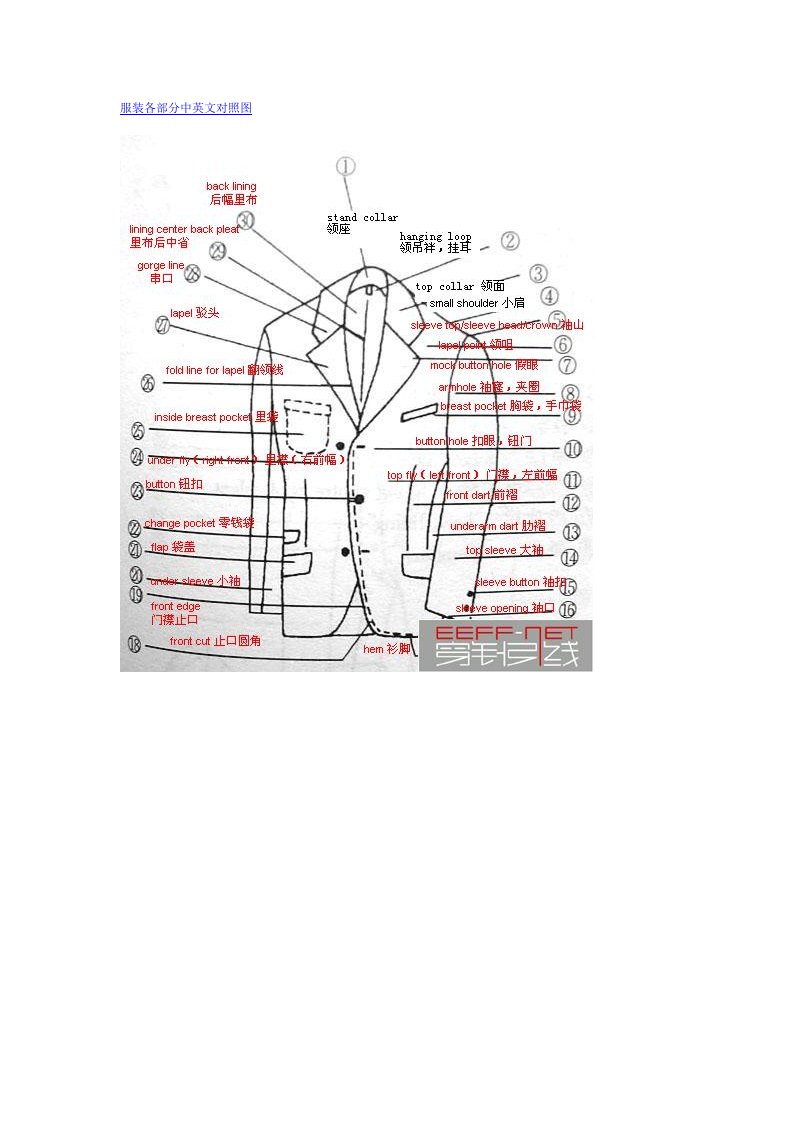 服装各部分中英文对照图