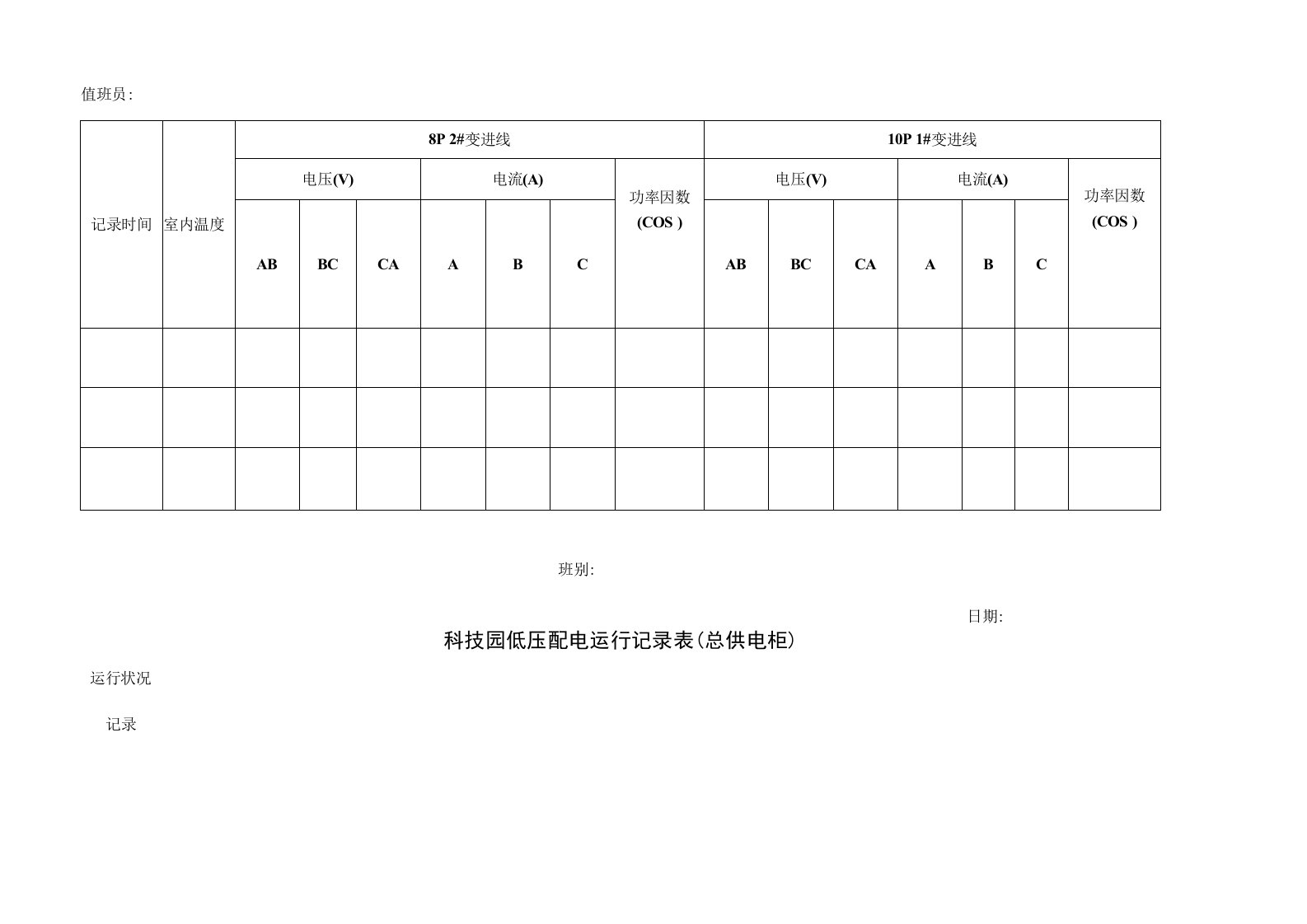 科技园低压配电运行记录表(总供电柜)