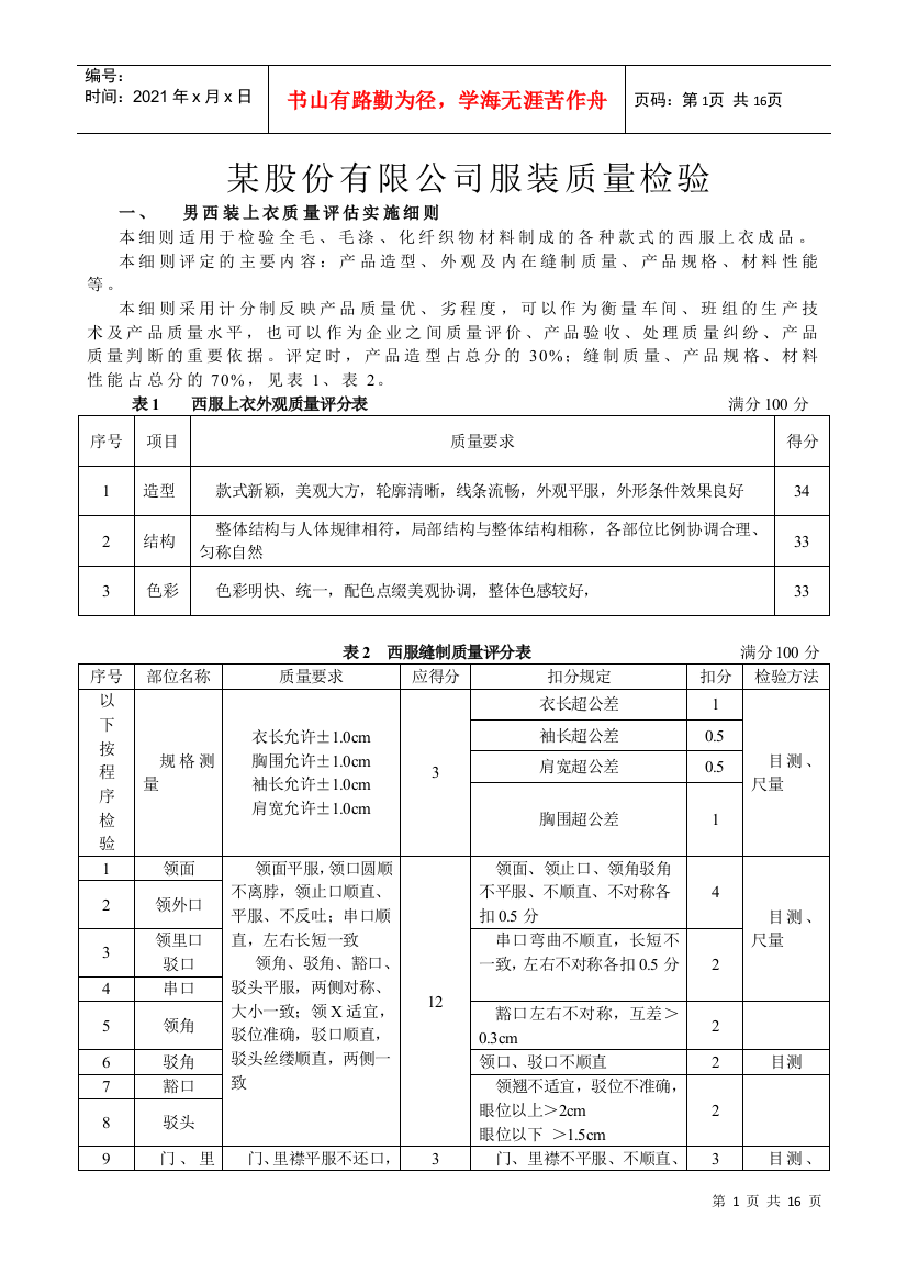 某服装公司服装质量评估实施细则