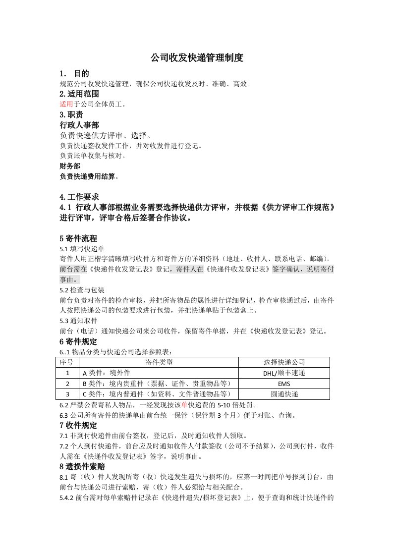 精品文档-01管理制度04公司收发快递管理制度