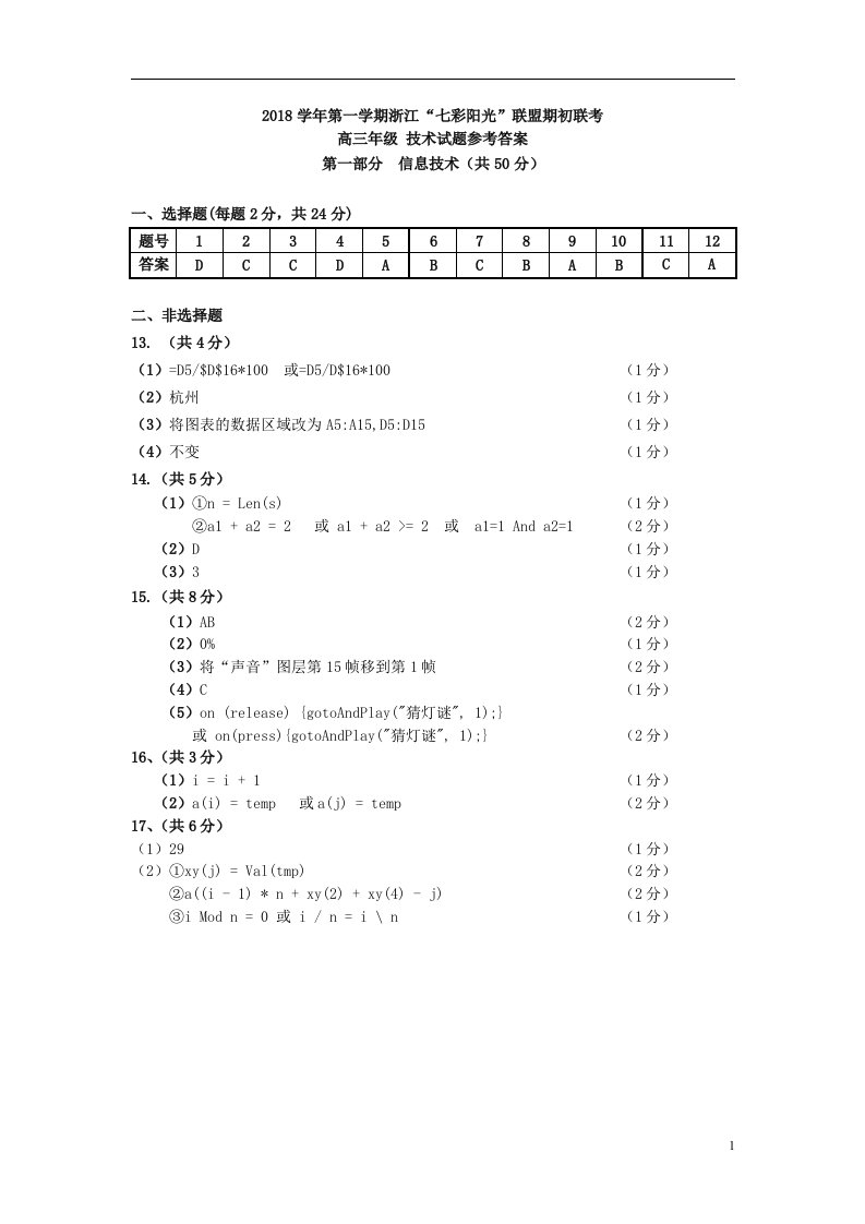 浙江省“七彩阳光”联盟2018届高三上学期期初联考信息技术参考