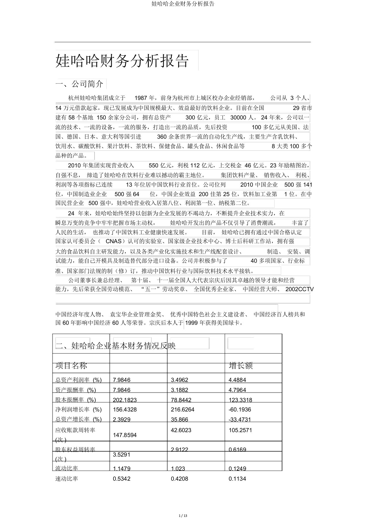 娃哈哈企业财务分析报告