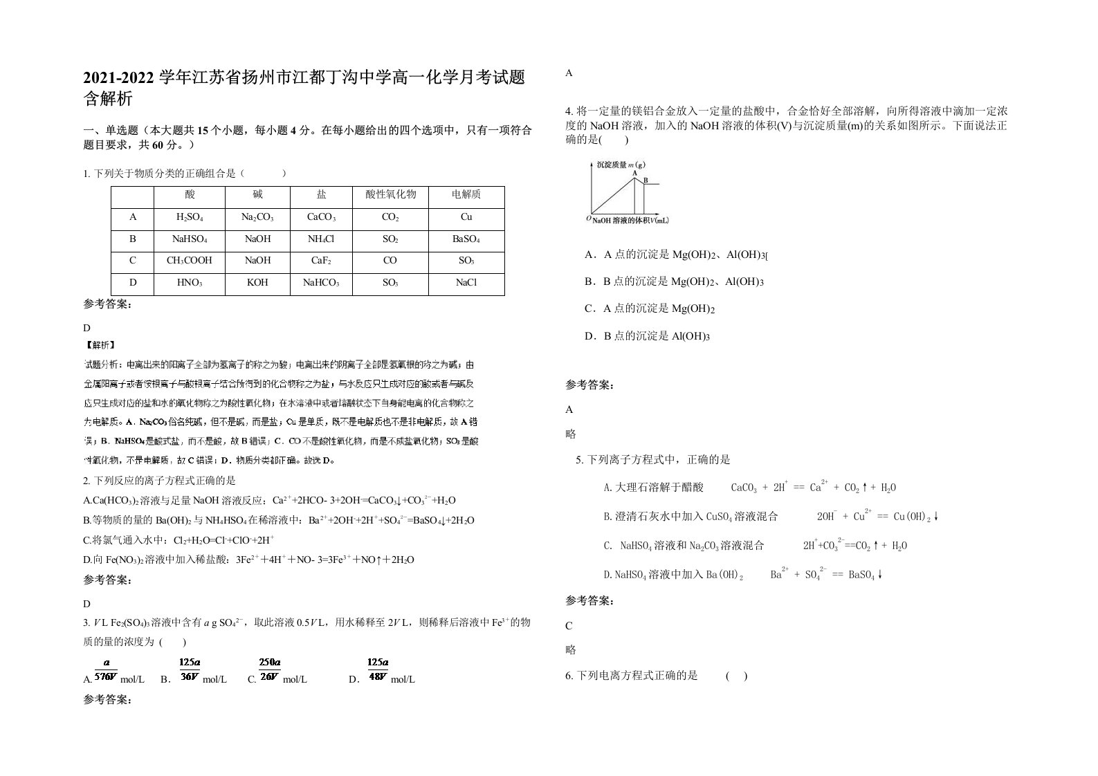 2021-2022学年江苏省扬州市江都丁沟中学高一化学月考试题含解析