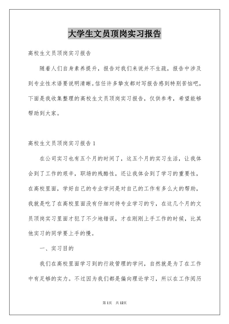 大学生文员顶岗实习报告范本