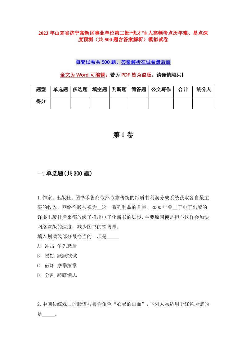 2023年山东省济宁高新区事业单位第二批优才8人高频考点历年难易点深度预测共500题含答案解析模拟试卷