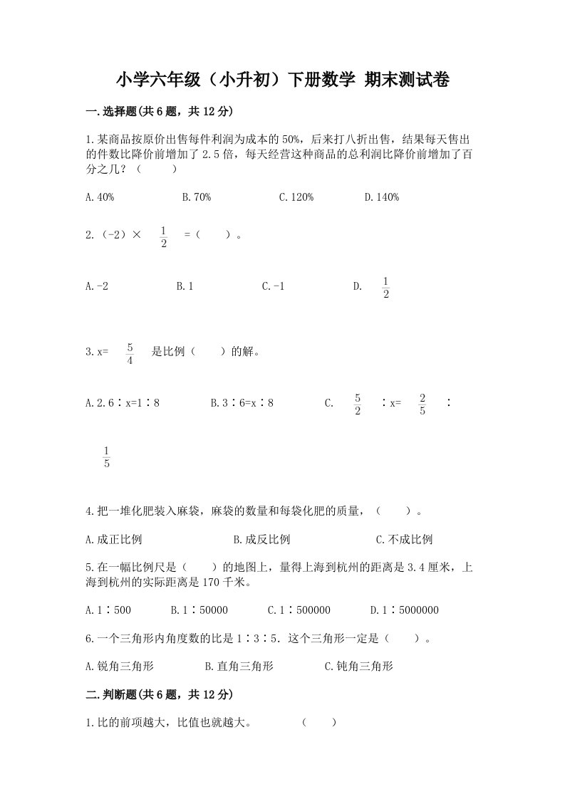 小学六年级（小升初）下册数学