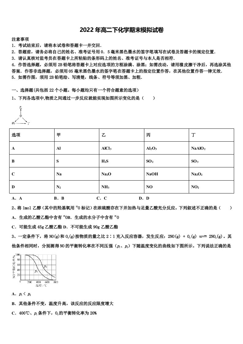 湖北省武汉市黄陂区汉口北高中2021-2022学年化学高二下期末达标检测模拟试题含解析