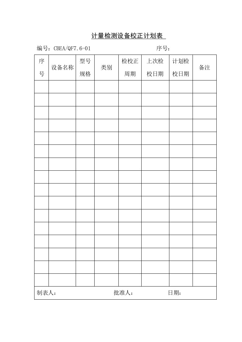 计量检测设备校正计划表