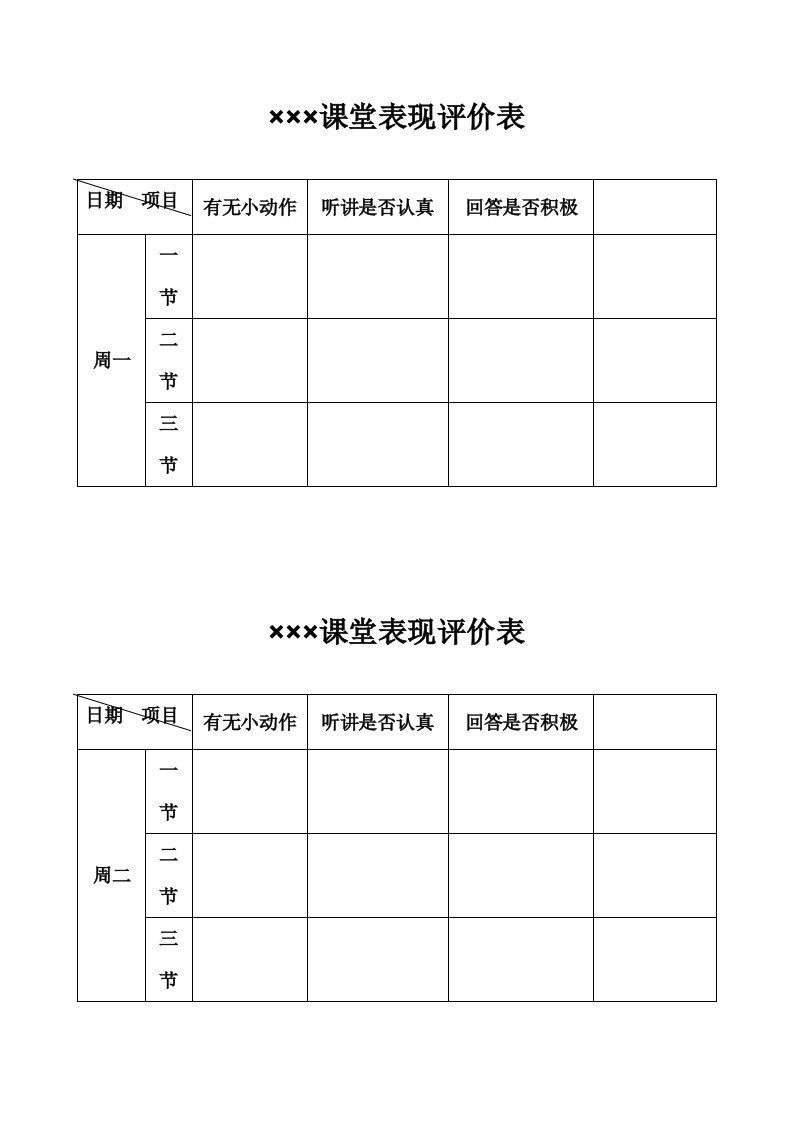 小学生课堂表现评价表