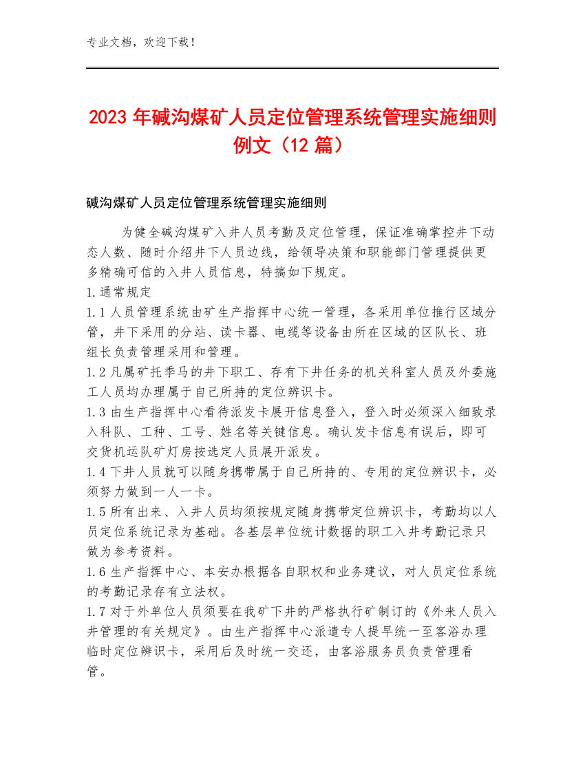 2023年碱沟煤矿人员定位管理系统管理实施细则例文（12篇）