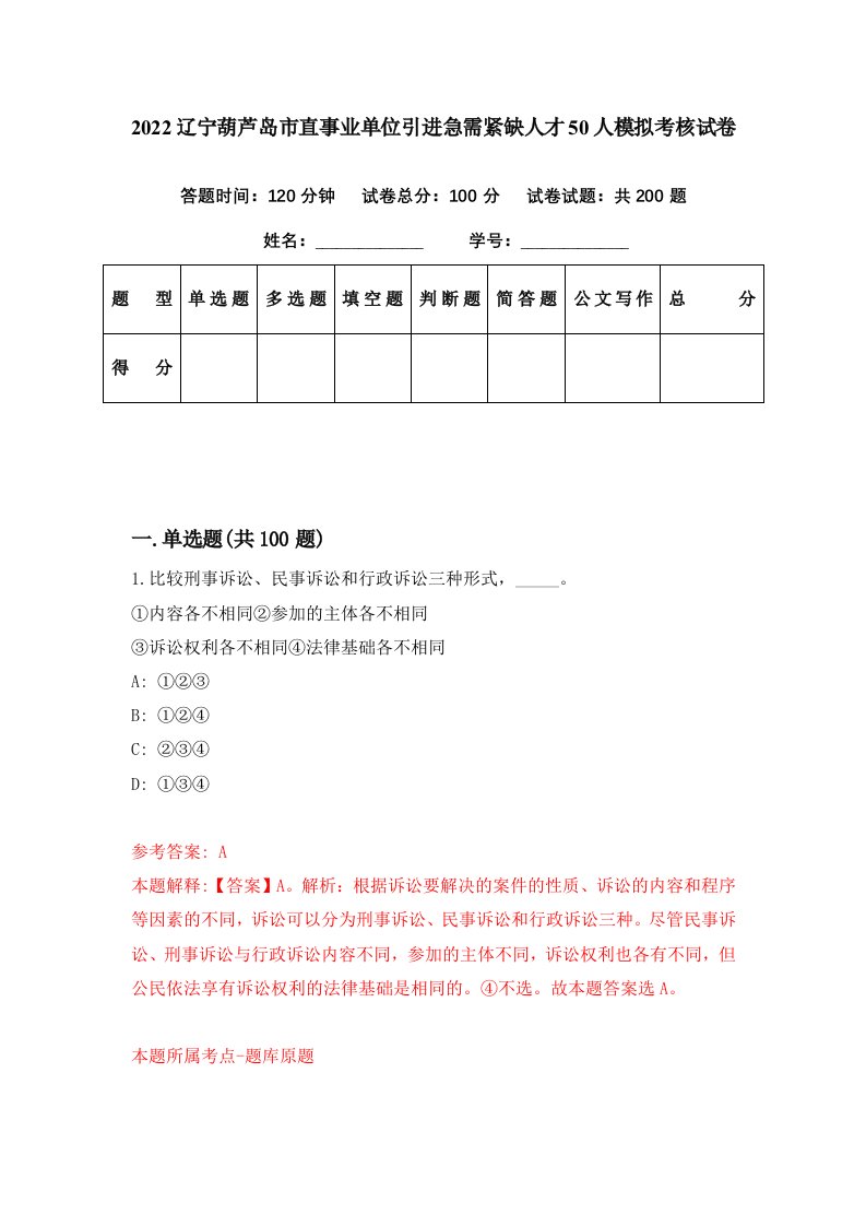 2022辽宁葫芦岛市直事业单位引进急需紧缺人才50人模拟考核试卷0