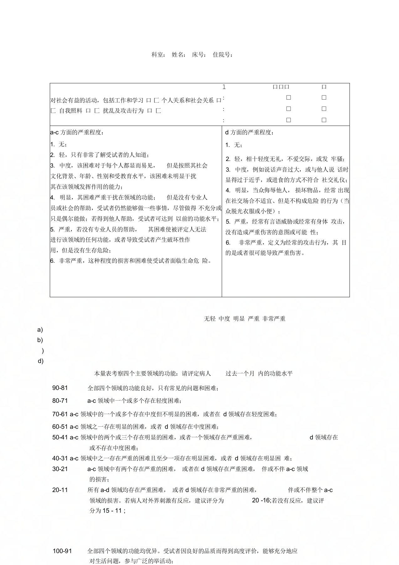 个人和社会功能量表工作表(PSP)